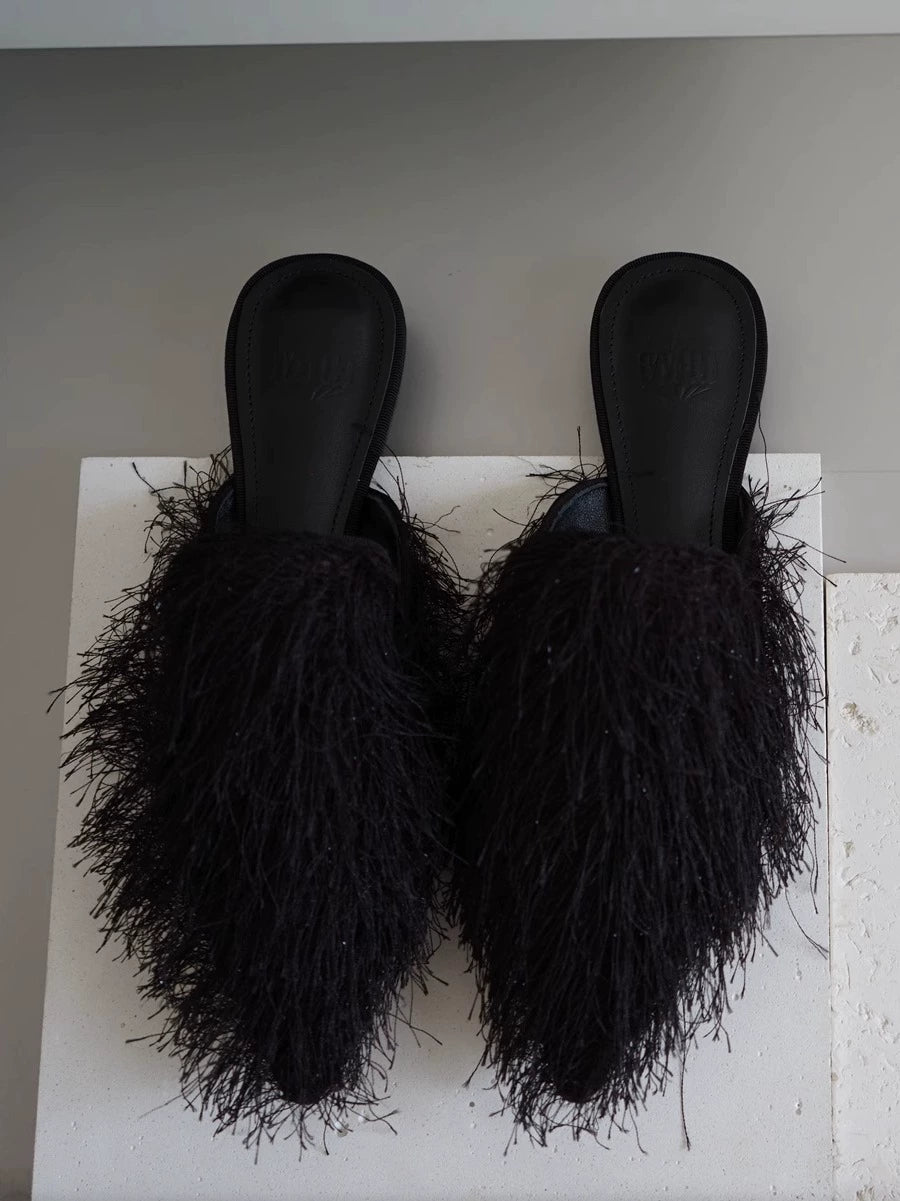 B-FEI black fur niche pointed toe flat mules shoe-VASCO.