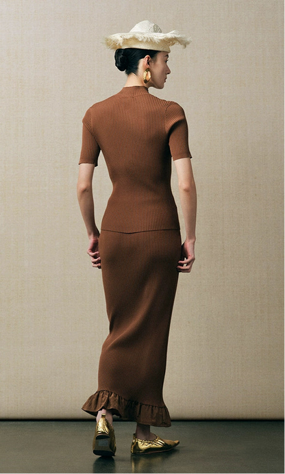 ZHUCHONGYUN silk slim ruffle knitted skirt and short sleeve top-HONG.
