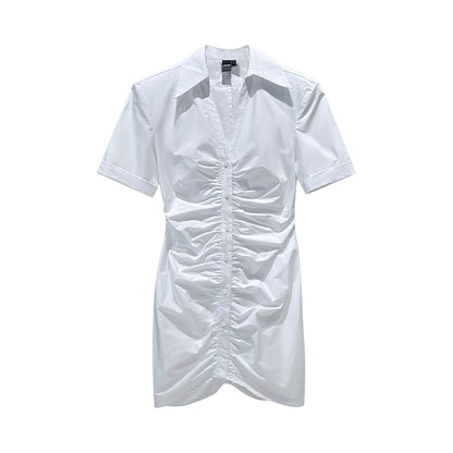 ANNAKIK Black and white pleated waist V-neck dress-FANSIA