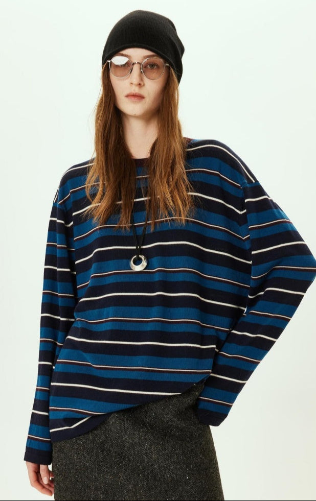 PIAOIN stripe design neutral loose long sleeve T-shirt silk wool knitwear spring-CIX