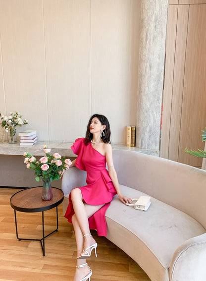 DOLLY Elegant Slant Collar Ruffle Sleeve Slim Fit Midi Irregular Skirt Party Dress-GANGA