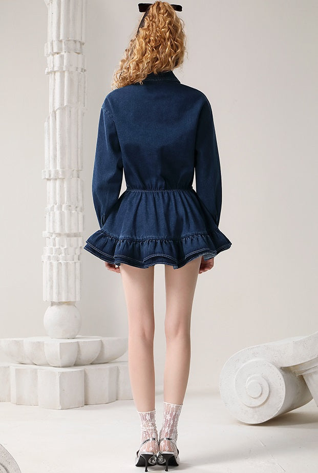 CHECOCRE Elegant Stubble Rose Print American Retro Denim Mini Dress - BETHANY