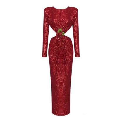 DOLLY Elegant Crew Neck Long Sleeve Slim Fit Sequin Long Evening Dress-IIANA