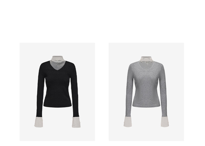 ATELIER MISS LU pearl embellished gauze patchwork knitted top - STRAD