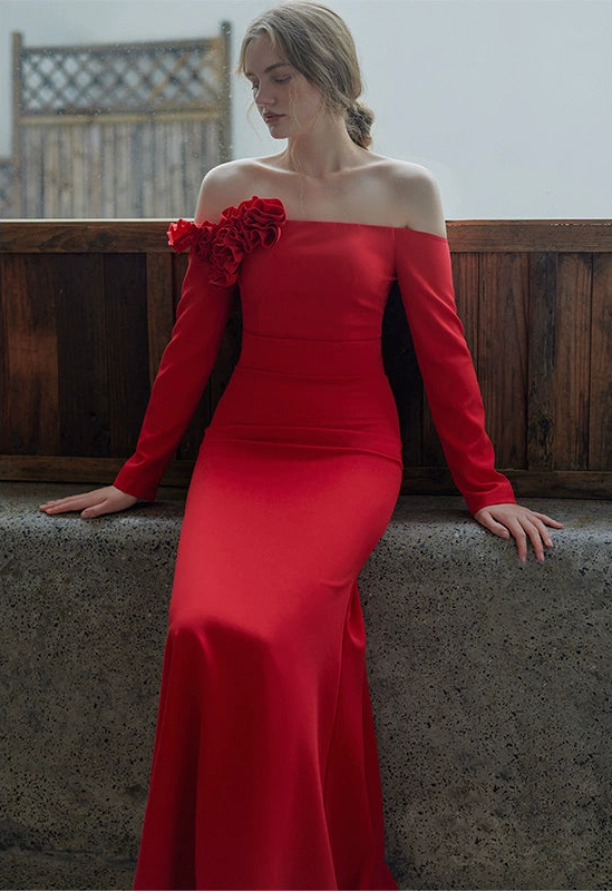 GOUDIN red off-shoulder long-sleeved evening dress-TOSIA.
