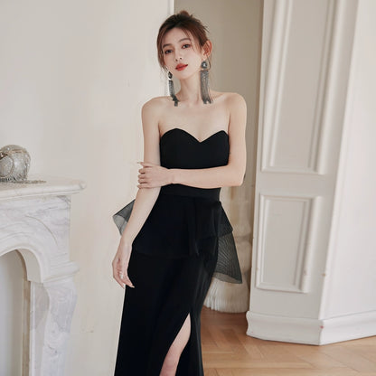 DOLLY Luxury Black Retro Chest Wrap Sleeveless Off Shoulder Long Dinner Dress-ALVINA