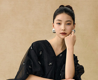 HECO  New Chinese Embroidered V-Neck Puff Sleeve Dress - CORAINE.