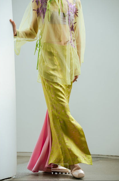 TUYUE Lilac Purple Satin Jacquard Slit Zipper Slim Mermaid Skirt - MIKO.