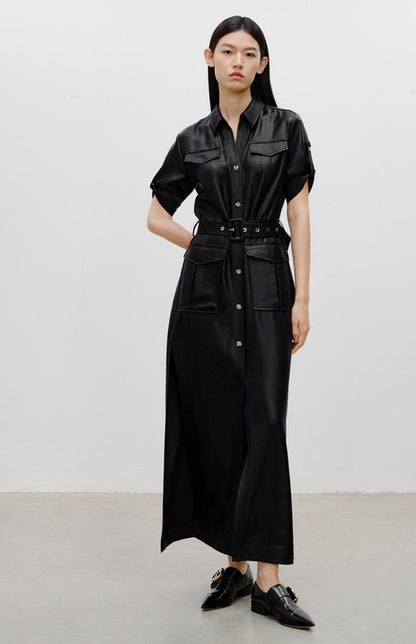 COMME MOI Lu Yan designer women's hunting straight side slit maxi skirt dress - LAYLA.