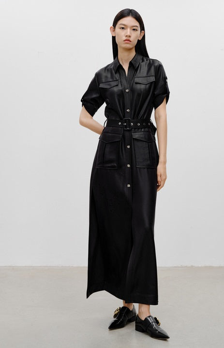 COMME MOI Lu Yan designer women's hunting straight side slit maxi skirt dress - LAYLA.