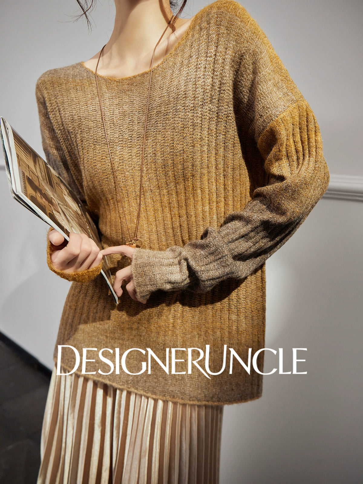 DGU "Tan Oak" khaki wool knitted new versatile slimming high-end design top - Noa.