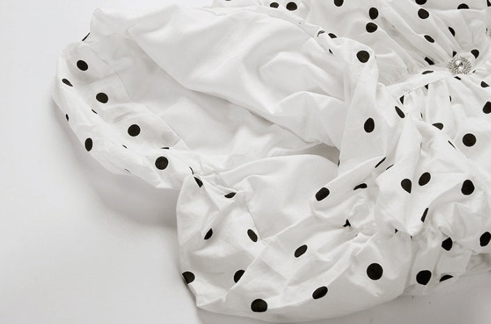 DOLLY Elegant White Off Shoulder Short Puff Sleeve Slim Fit Short Polka Dot Dress-MINA