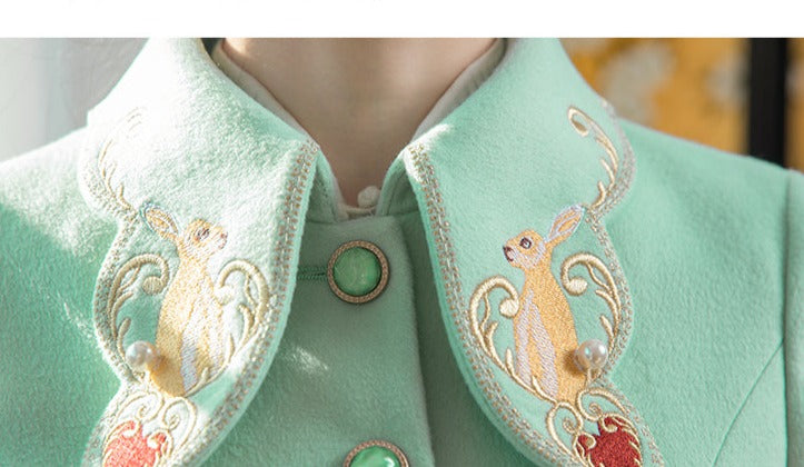 Magic Q spring green wavy collar curly grass pattern embroidery thin wool coat - Ruen
