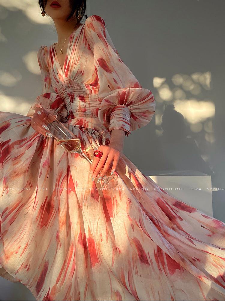 Aconiconi Elegant Rose French Print V-Neck Long Sleeve Long Summer Dress- Wild Rose Aconiconi Elegant Rose French Print V-Neck Long Sleeve Long Summer Dress- Wild Rose