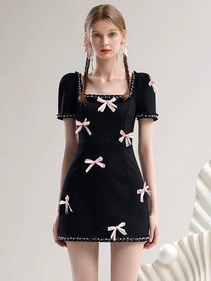 CHECOCRE New Pink Bow Heavy Industry Square Neck Little Black Dress - BONES