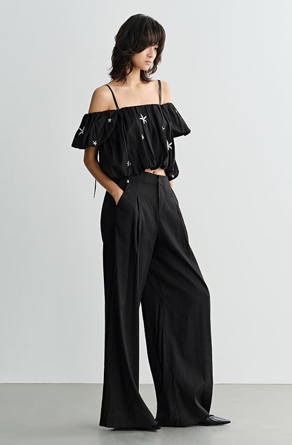 COMME MOI beaded embroidered suspender off-shoulder crop top - SUTTON.