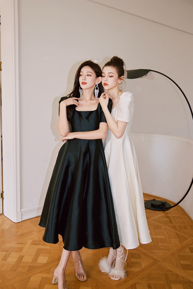 DOLLY Elegant Retro Square Neck Short Puff Sleeve Satin Long A-Line Dress-BAMBI