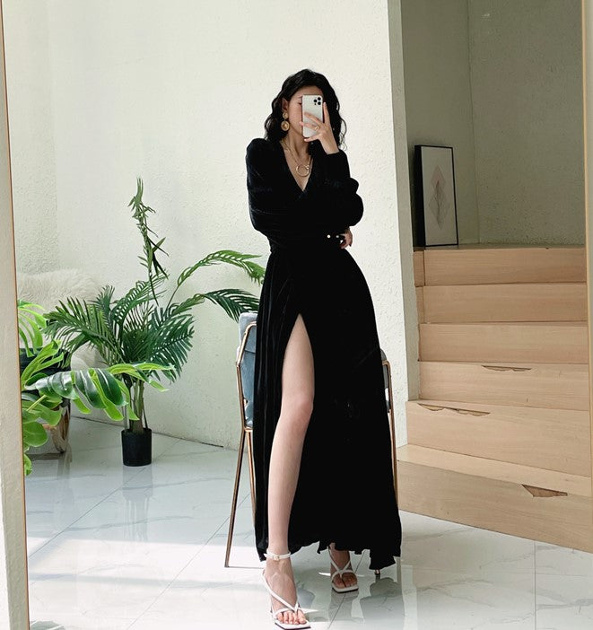 DOLLY Elegant Retro Gold Deep V-Neck Long Puff Sleeve Long Slit Award Dress-HUGO