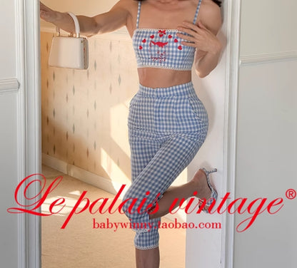 Le Palais Vintage  blue plaid kitten print short suspender pleated skirt-FASH.