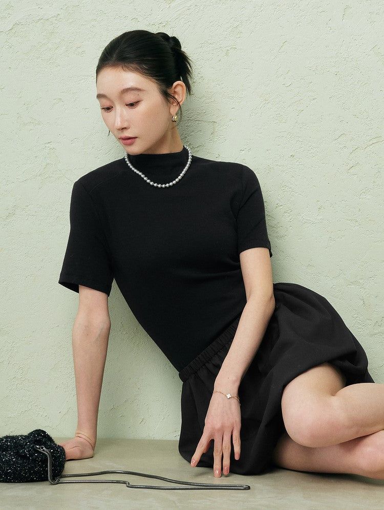 SUSHE three-dimensional flower bud elastic waist short skirt -PEARL