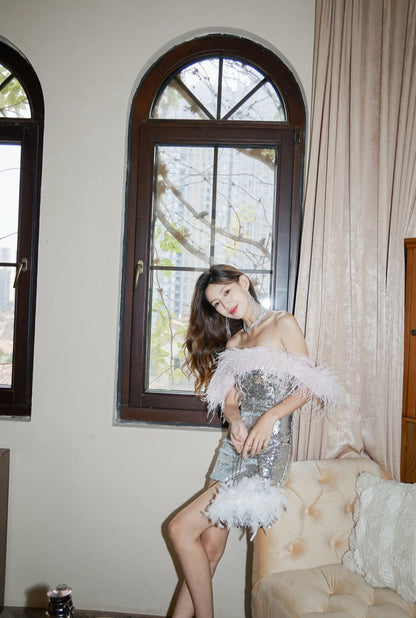 DOLLY Elegant Sliver Off Shoulder Pink Feather Tube Top Midi Dinner Dress-LALYA