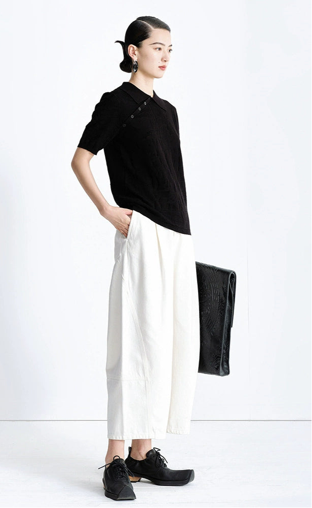 ZHUCHONGYUN black short-sleeved diagonal placket knitted top-MIHAWK.