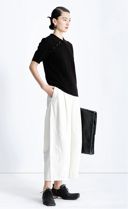 ZHUCHONGYUN black short-sleeved diagonal placket knitted top-MIHAWK.