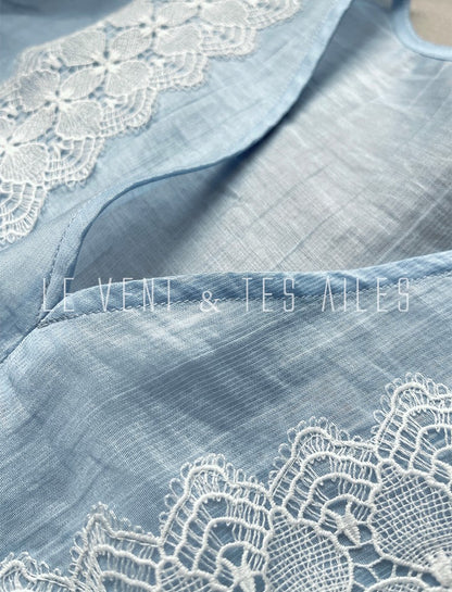 LE VENT&TES AILES pastel blue elegant summer vacation  V-neck shirt skirt set -GWEN