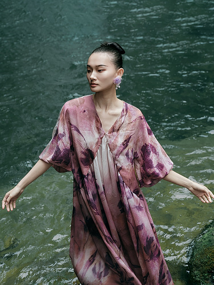 HECO Chinese Silk V-neck Dress Summer Elegant Floral Slim Long dress - GINE .