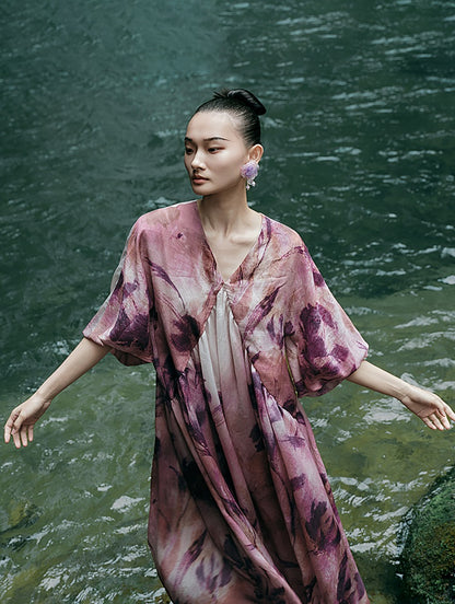 HECO Chinese Silk V-neck Dress Summer Elegant Floral Slim Long dress - GINE .