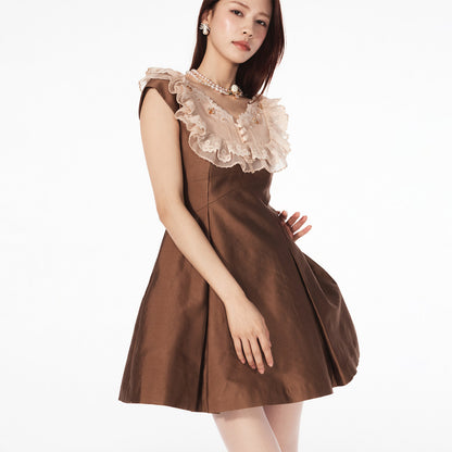 FAME embroidered splicing umbrella swing waist dress - OLIVER