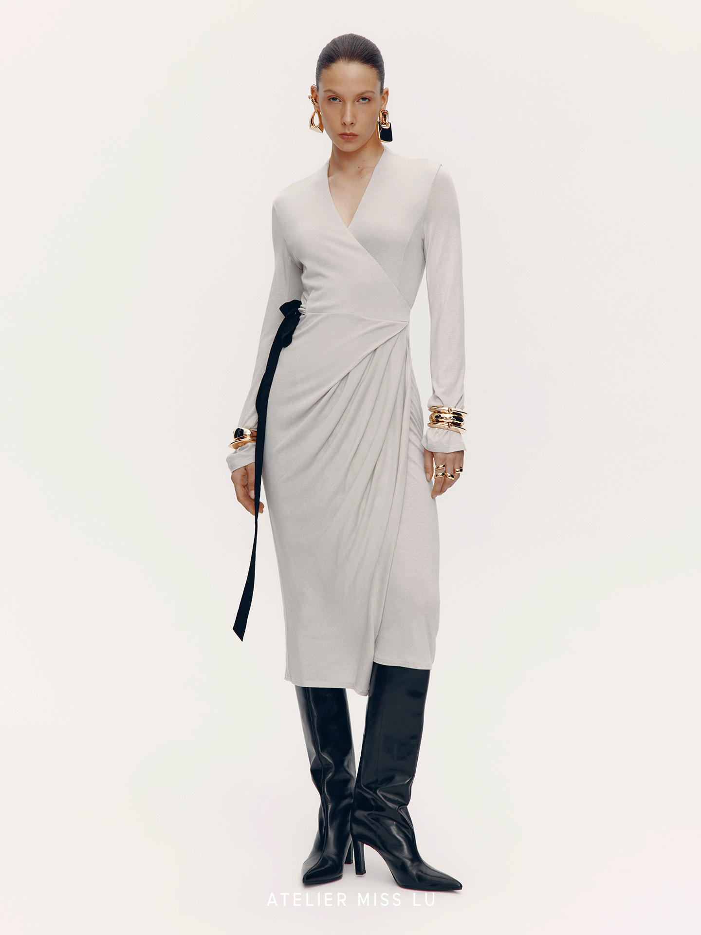 ATELIER MISS LU [Ferrar Pleated Light] Lace-up Soft Knit Wrap Dress -BWEST