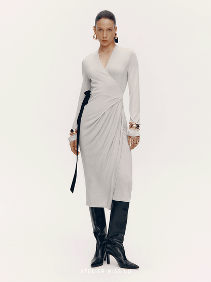 ATELIER MISS LU [Ferrar Pleated Light] Lace-up Soft Knit Wrap Dress -BWEST