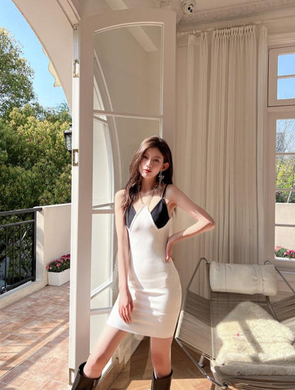 DOLLY High End Black and Brown V-Neck Sleeveless Bandage Midi Date Dress-MO