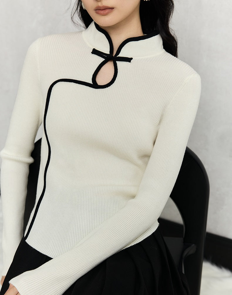 HECO Cheongsam Collar Hollow Buckle red black apricot Knitwear Slim Bottom - whom.