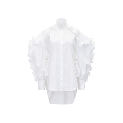 M essential Mackay designer white cotton three-dimensional ruffle trim shirt -  Tori.