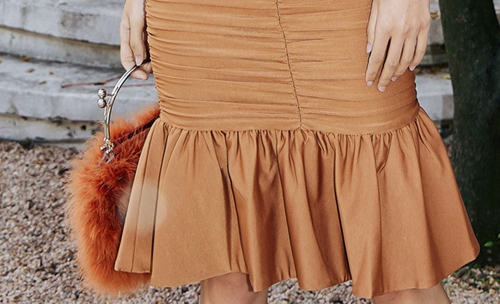 DOLLY Elegant Brown Sleeveless Halter Neck Pleated Fish Tail Midi Dinner Dress-PAULA