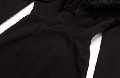 Le Palais Vintage  Elegant Black Fur Collar Off-the-shoulder Little Black Dress-MEE.