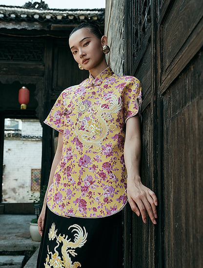 HECO Chinese style golden dragon embroidery short-sleeved placket buttoned shirt - QAND.