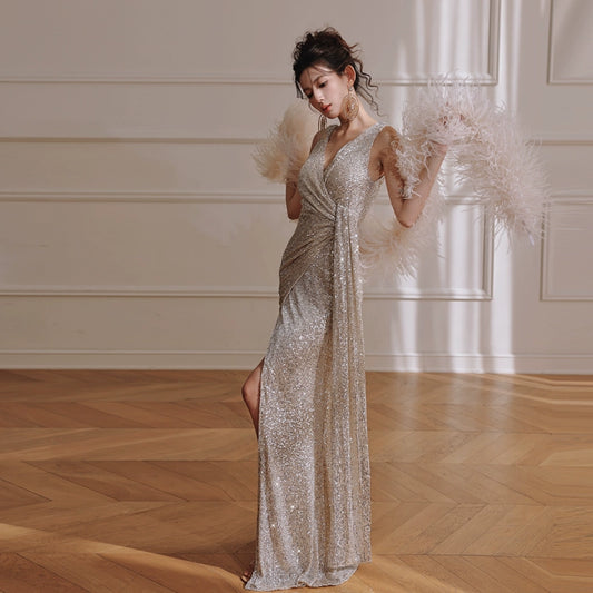 DOLLY High End Deep V-Neck Sleeveless Diamond Sequin Long Slit Dinner Dress-TATIANA