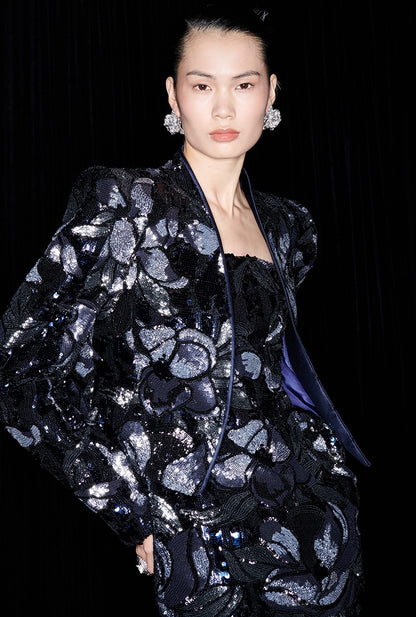 M essential Mackay Magnolia embroidered sequins padded shoulder crop coat dress pants suit - Ilie.