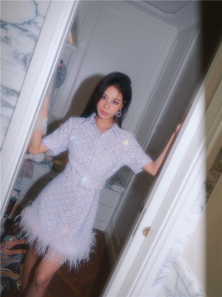 Wardrobes by Chen Elegant Purple Polo Collar Short Sleeve Feather Dress- Boa