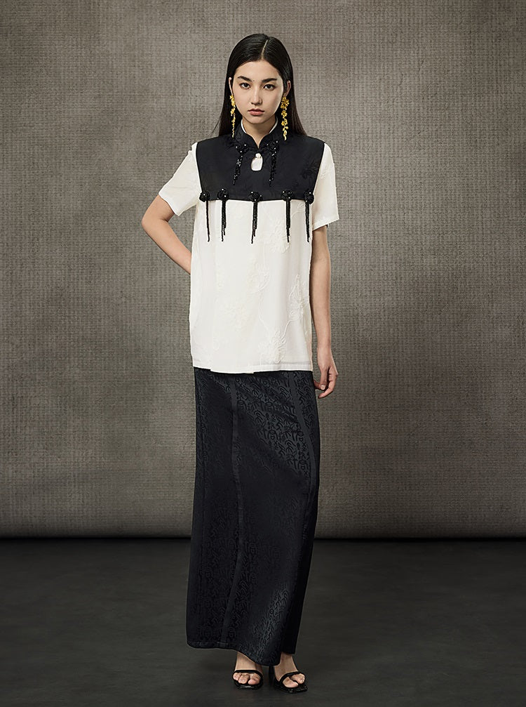 HECO Short Sleeve Mandarin Neckline Loose Summer Top - CENTER.