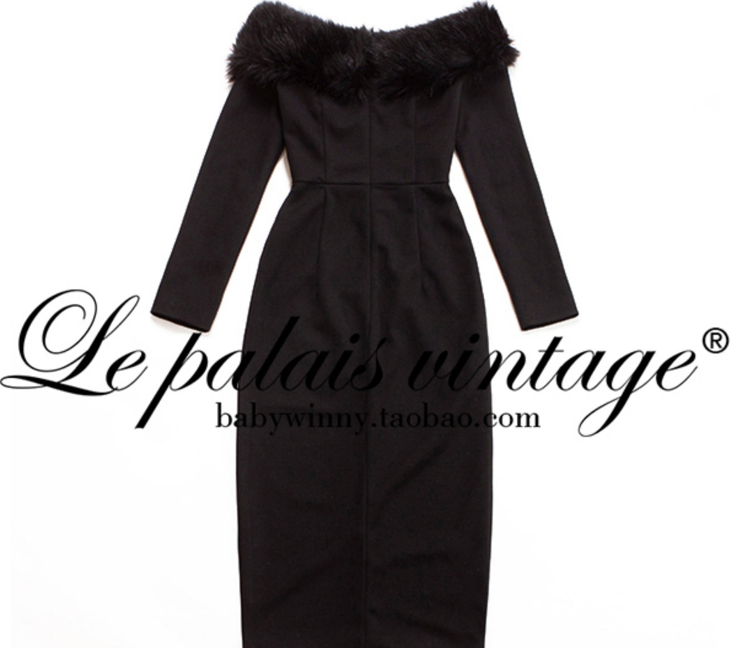Le Palais Vintage  Elegant Black Fur Collar Off-the-shoulder Little Black Dress-MEE.