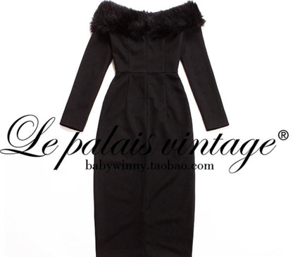Le Palais Vintage  Elegant Black Fur Collar Off-the-shoulder Little Black Dress-MEE.