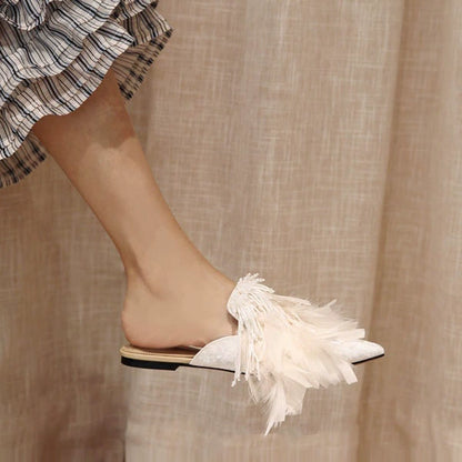 B-FEI White rhinestone feather slippers-ANDY.