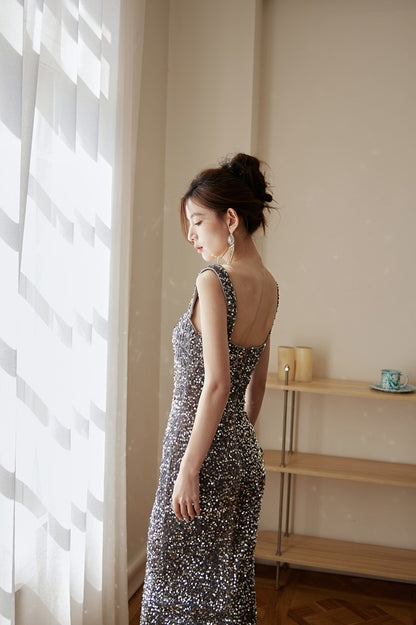 DOLLY Elegant Sleeveless Halter Neck Pleated Slim Fit Long Sexy Birthday Dress-BELLA