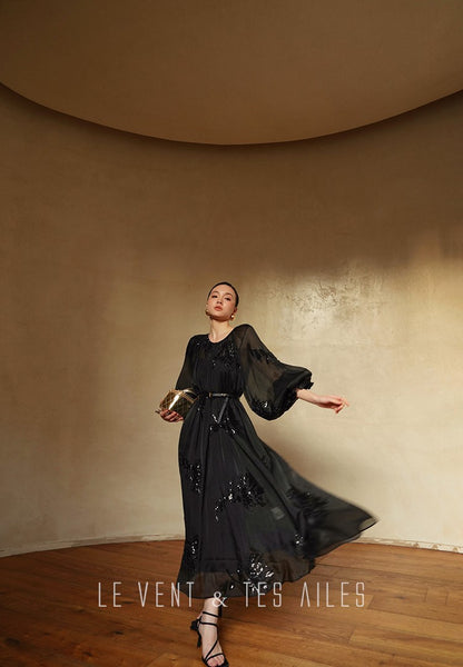 LE VENT&TES AILES Luxury Elegant High-End Hand-Beaded 3d black Dress - VERA