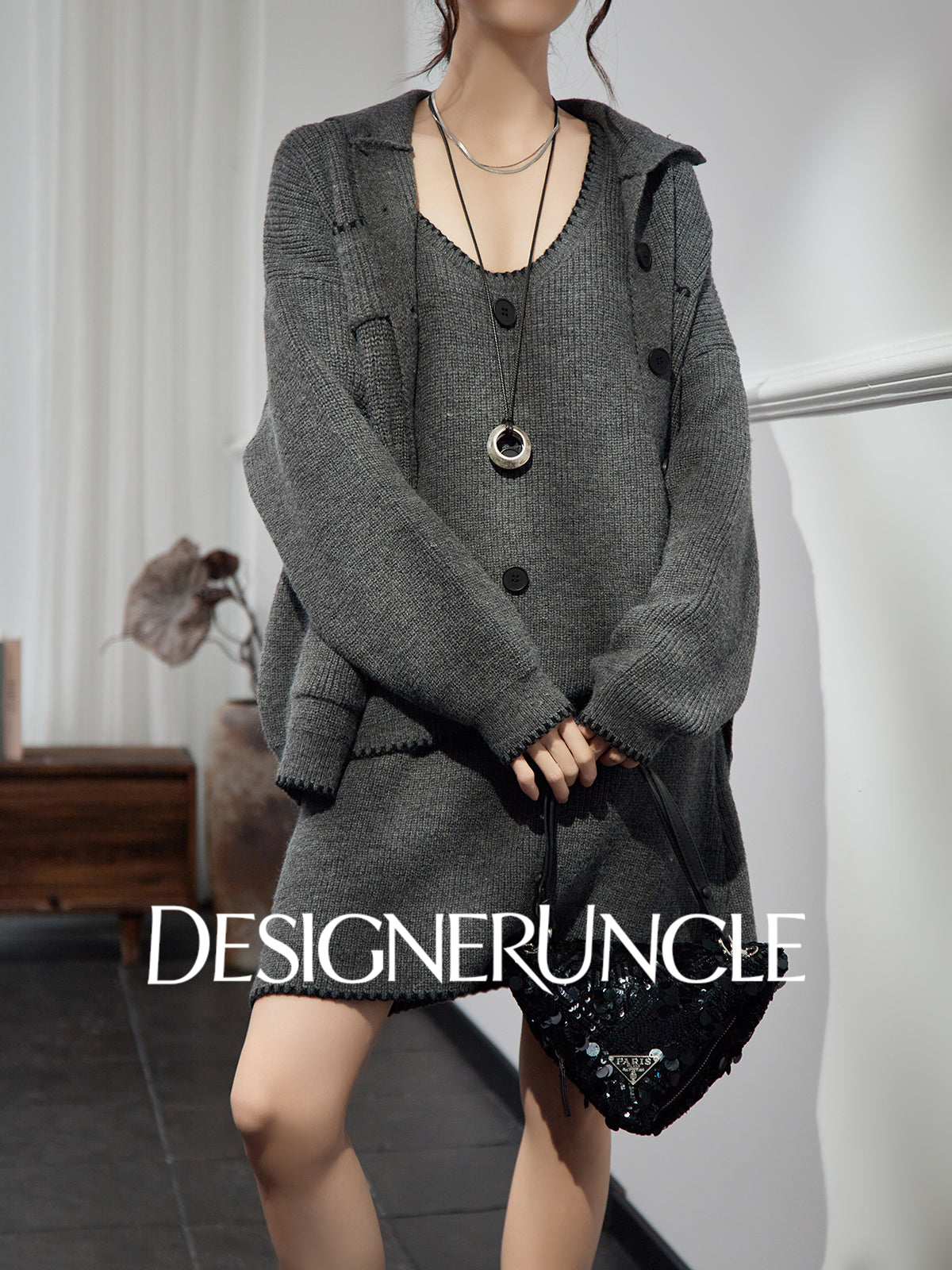 DGU "Guiyan" gray knitted suit V-neck cardigan knitted skirt two-piece set - Skylar.