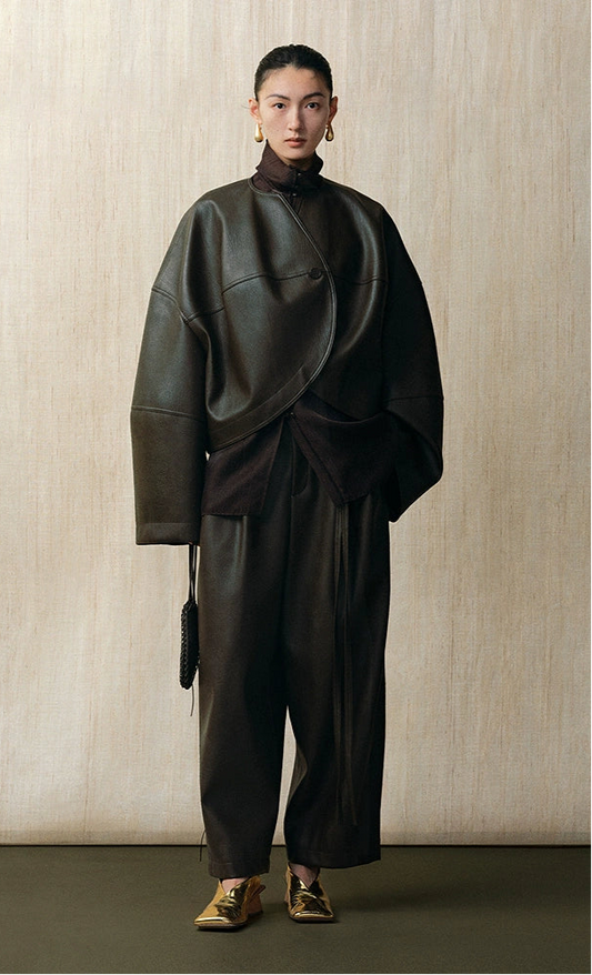 ZHUCHONGYUN belted high-waisted straight PU leather trousers-HIKIGAYA.